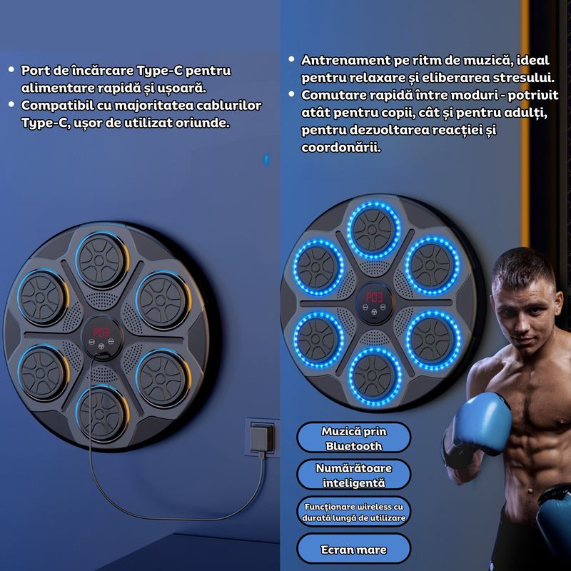 Jucarii, Copii si Bebe - Jucarii si jocuri - Jucarii & jocuri educative - Jucarii interactive - Tinta de box cu Bluetooth, 6 zone interactive cu LED RGB, viteza ajustabila, set 2 manusi, adulti si copii, Clickzu - Infinity.ro