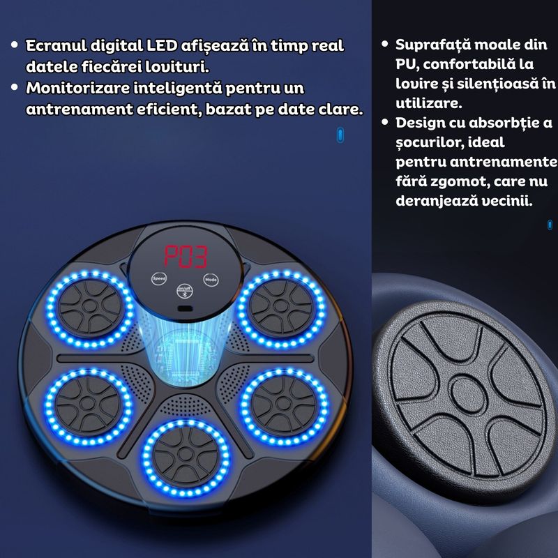 Jucarii, Copii si Bebe - Jucarii si jocuri - Jucarii & jocuri educative - Jucarii interactive - Tinta de box cu Bluetooth, 6 zone interactive cu LED RGB, viteza ajustabila, set 2 manusi, adulti si copii, Clickzu - Infinity.ro