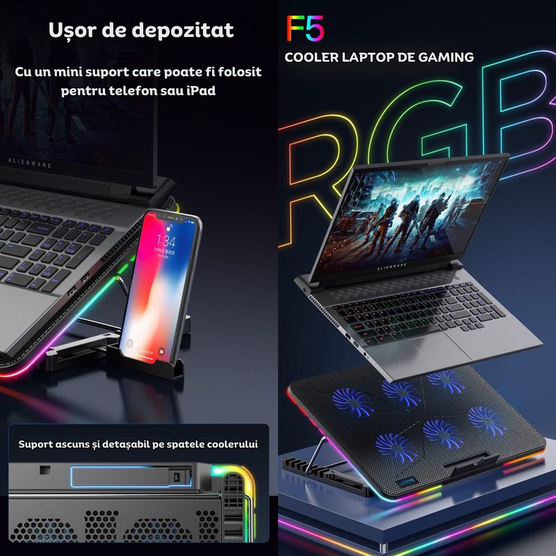 Laptop, Telefoane si Tablete - Laptopuri si accesorii - Accesorii Laptop - Standuri/Coolere notebook - Cooler laptop pentru gaming cu 6 ventilatoare RGB, 7 unghiuri inclinare, suport telefon, compatibil 15.6", Clickzu - Infinity.ro