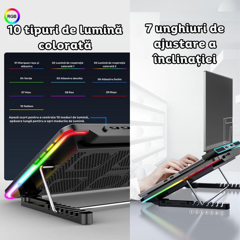 Laptop, Telefoane si Tablete - Laptopuri si accesorii - Accesorii Laptop - Standuri/Coolere notebook - Cooler laptop pentru gaming cu 6 ventilatoare RGB, 7 unghiuri inclinare, suport telefon, compatibil 15.6", Clickzu - Infinity.ro