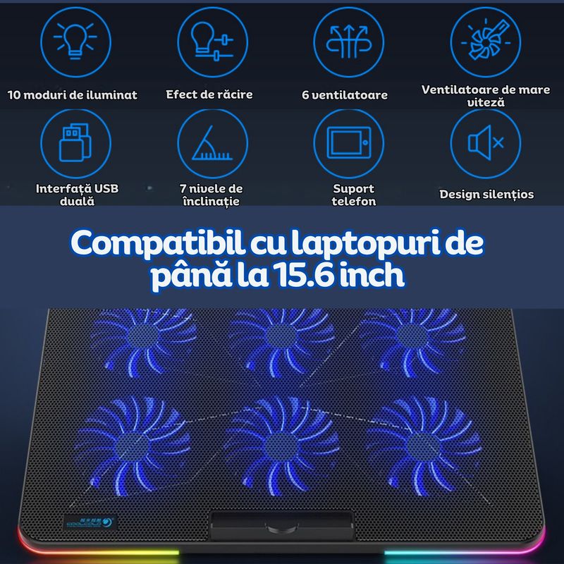 Laptop, Telefoane si Tablete - Laptopuri si accesorii - Accesorii Laptop - Standuri/Coolere notebook - Cooler laptop pentru gaming cu 6 ventilatoare RGB, 7 unghiuri inclinare, suport telefon, compatibil 15.6", Clickzu - Infinity.ro