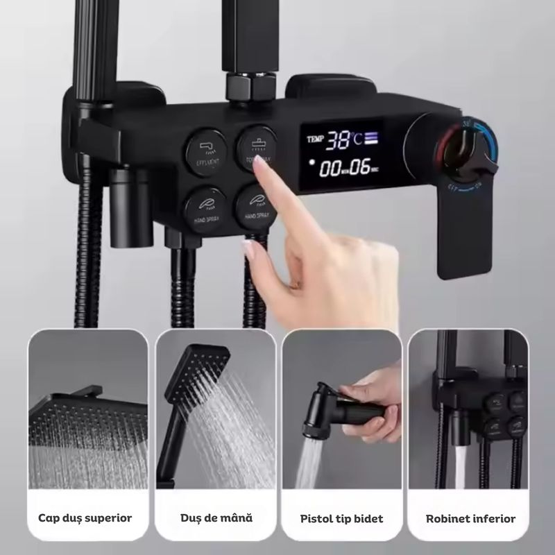 Casa si Gradina - Sanitare - Cazi si cabine de dus - Coloane si seturi de dus - Coloana dus cu termostat si afisaj digital, cap de dus tip ploaie, dus de mana, bideu, robinet inferior, raft, Clickzu - Infinity.ro