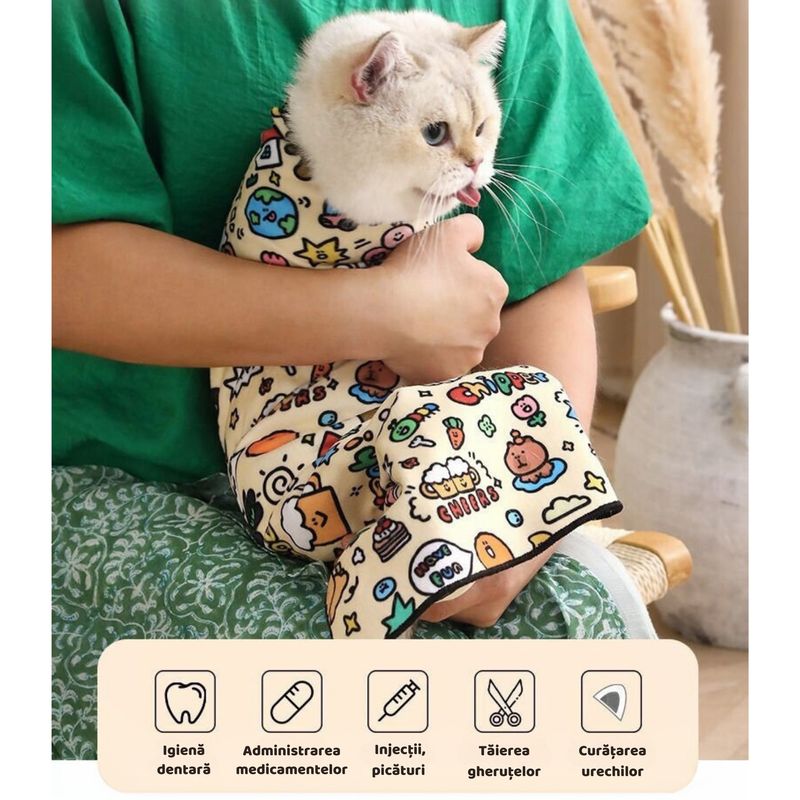 Petshop - Articole imbracaminte - Haine animale - Patura autoadeziva pentru toaletarea si ingrijirea pisicilor, rezistenta la zgarieturi, pisici pana in 10 kg, Clickzu - Infinity.ro