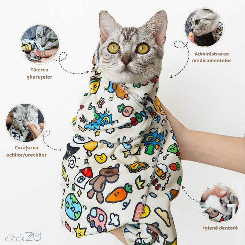 Petshop - Articole imbracaminte - Haine animale - Patura autoadeziva pentru toaletarea si ingrijirea pisicilor, rezistenta la zgarieturi, pisici pana in 10 kg, Clickzu - Infinity.ro