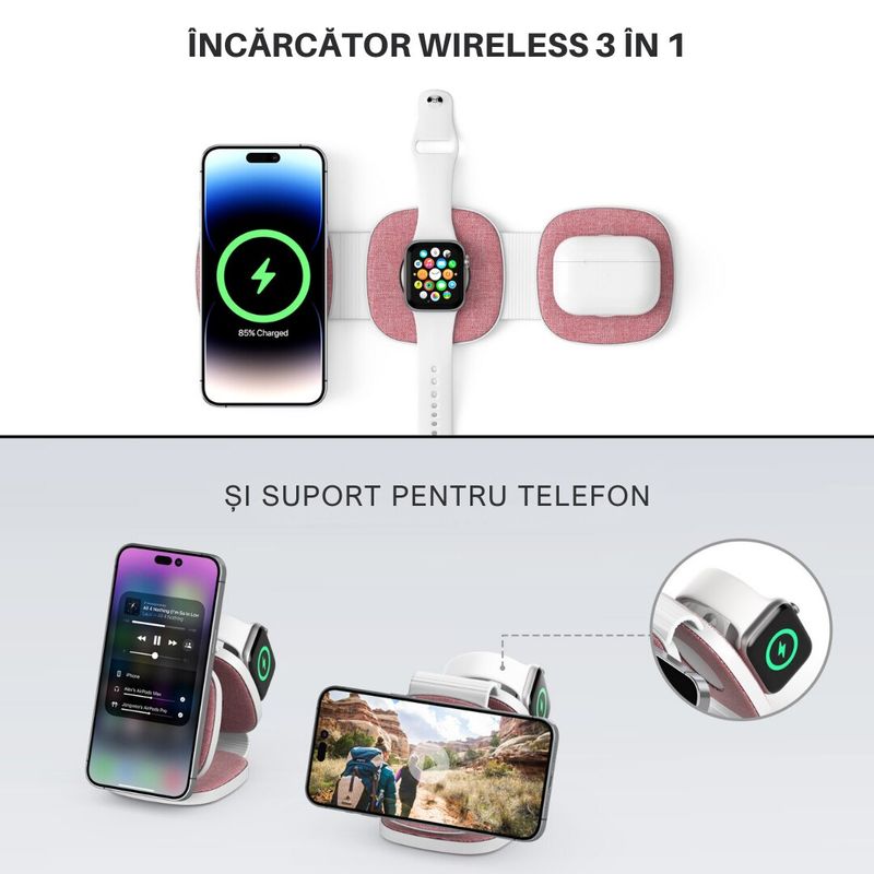 Laptop, Telefoane si Tablete - Telefoane mobile si accesorii - Accesorii Telefoane - Incarcatoare telefoane - Incarcator wireless pentru telefon, Airpods si Apple Watch, statie cu suport telefon, fast charge 15W, magnetic, Clickzu - Infinity.ro