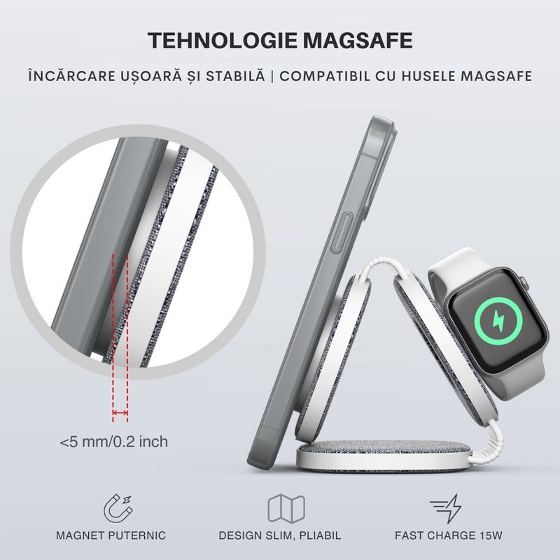 Laptop, Telefoane si Tablete - Telefoane mobile si accesorii - Accesorii Telefoane - Incarcatoare telefoane - Incarcator wireless pentru telefon, Airpods si Apple Watch, statie cu suport telefon, fast charge 15W, magnetic, Clickzu - Infinity.ro