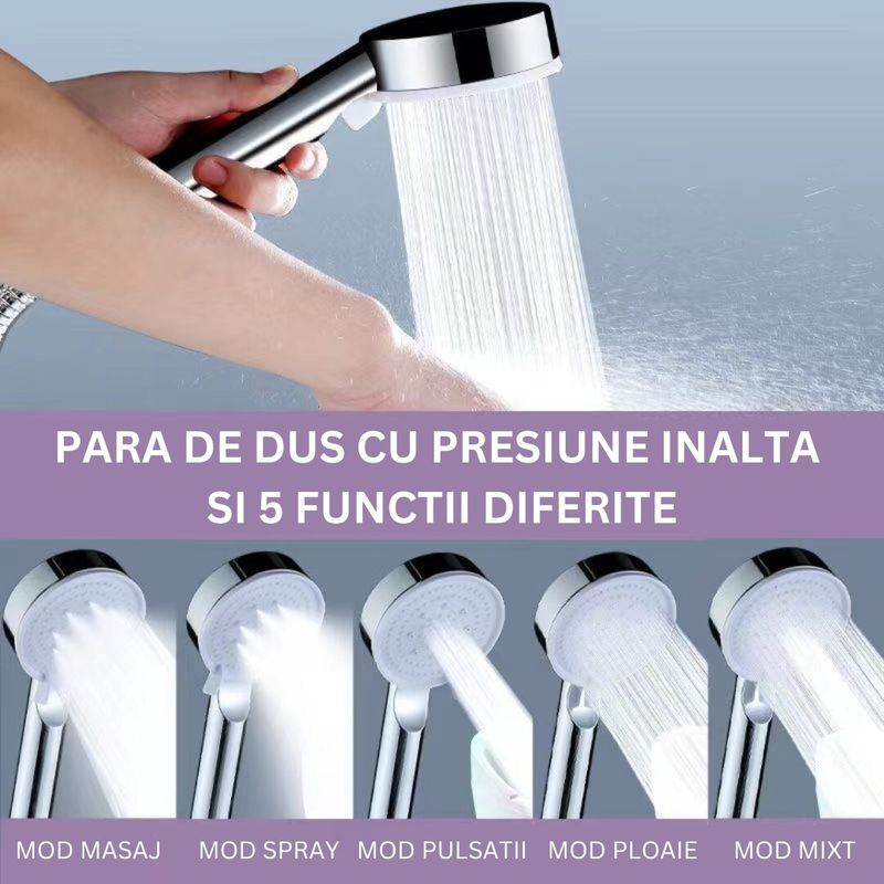 Casa si Gradina - Sanitare - Cazi si cabine de dus - Coloane si seturi de dus - Set dus cu 5 functii: para de dus cu presiune inalta, furtun de 1.5m, suport adeziv, instalare usoara, ABS. Clickzu - Infinity.ro