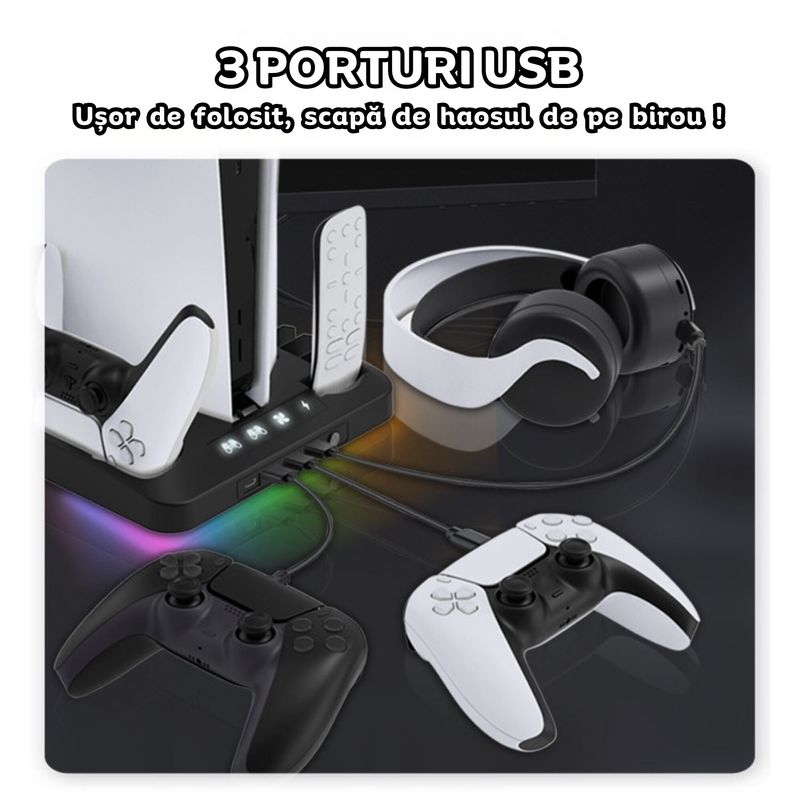PC, gaming si accesorii - Gaming - Console gaming - Stand PS5 si PS5 Slim cu incarcare duala controllere, iluminare RGB, suport casti, organizator DVD-uri, USB HUB, Clickzu - Infinity.ro