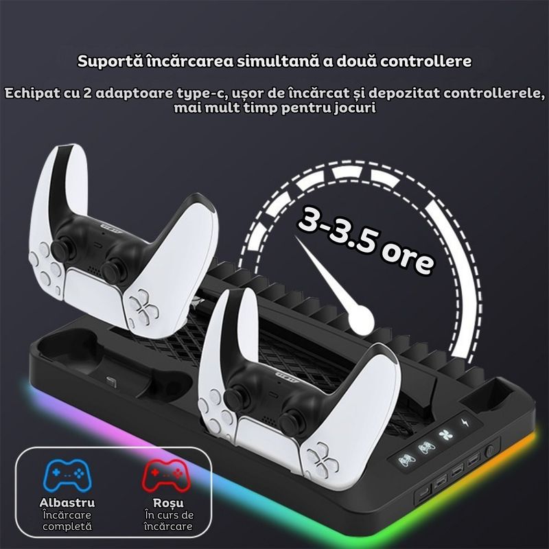 PC, gaming si accesorii - Gaming - Console gaming - Stand PS5 si PS5 Slim cu incarcare duala controllere, iluminare RGB, suport casti, organizator DVD-uri, USB HUB, Clickzu - Infinity.ro