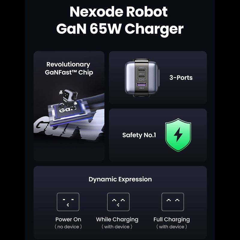 Laptop, Telefoane si Tablete - Telefoane mobile si accesorii - Accesorii Telefoane - Incarcatoare telefoane - Incarcator cu Display LED, USB-C, GaN, Fast Charging, 65W, 3A, QC4.0 - UVerde Nexode RG CD361 (25685B) - Negru - Infinity.ro