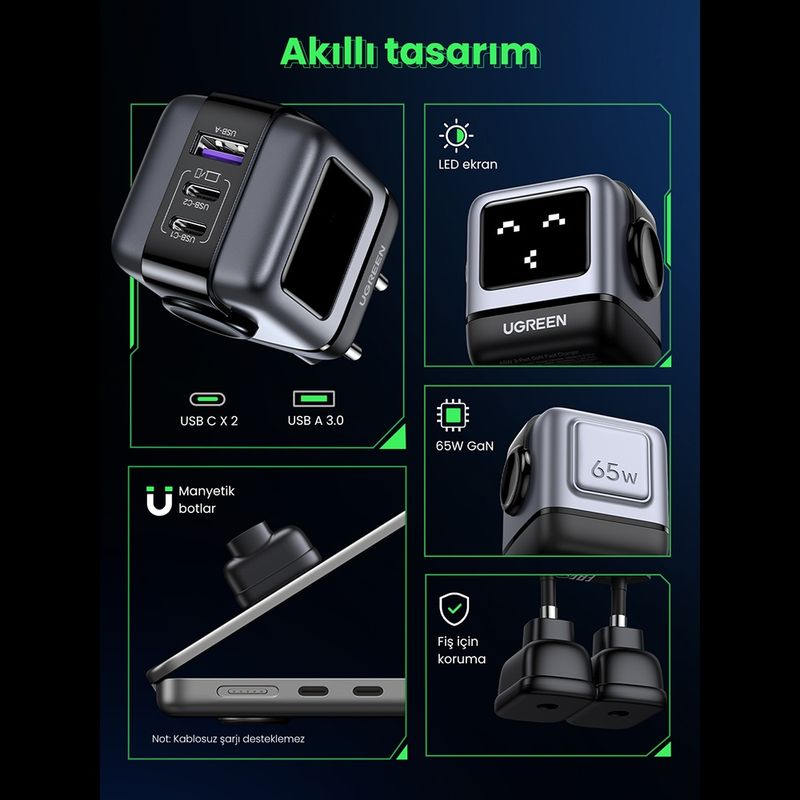 Laptop, Telefoane si Tablete - Telefoane mobile si accesorii - Accesorii Telefoane - Incarcatoare telefoane - Incarcator cu Display LED, USB-C, GaN, Fast Charging, 65W, 3A, QC4.0 - UVerde Nexode RG CD361 (25685B) - Negru - Infinity.ro