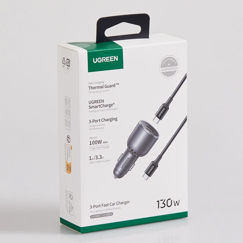 Laptop, Telefoane si Tablete - Telefoane mobile si accesorii - Accesorii Telefoane - Incarcatoare telefoane - Incarcator pentru Masina cu Indicator LED, USB, 2x Type-C, 130W, Cablu USB-C - UVerde EC705 (55511) - Infinity.ro