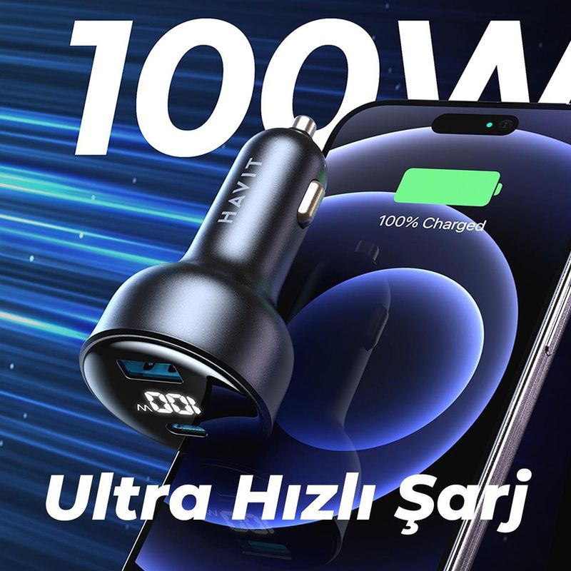 Laptop, Telefoane si Tablete - Telefoane mobile si accesorii - Accesorii Telefoane - Incarcatoare telefoane - Incarcator pentru Masina cu Display Digital, USB, Type-C, PD100W - Havit (CC100W) - Negru - Infinity.ro
