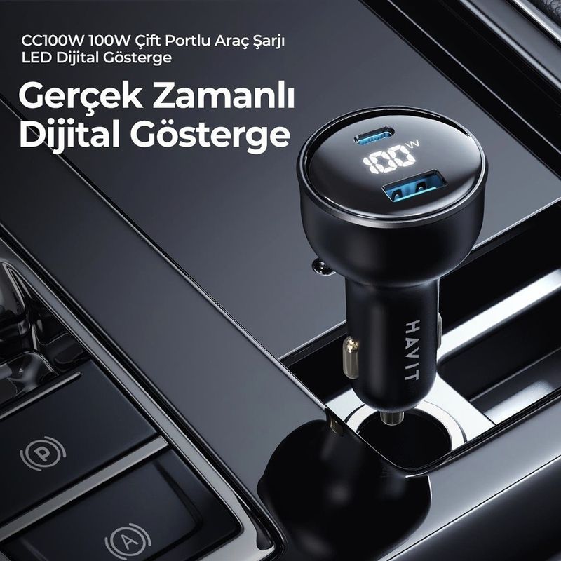 Laptop, Telefoane si Tablete - Telefoane mobile si accesorii - Accesorii Telefoane - Incarcatoare telefoane - Incarcator pentru Masina cu Display Digital, USB, Type-C, PD100W - Havit (CC100W) - Negru - Infinity.ro