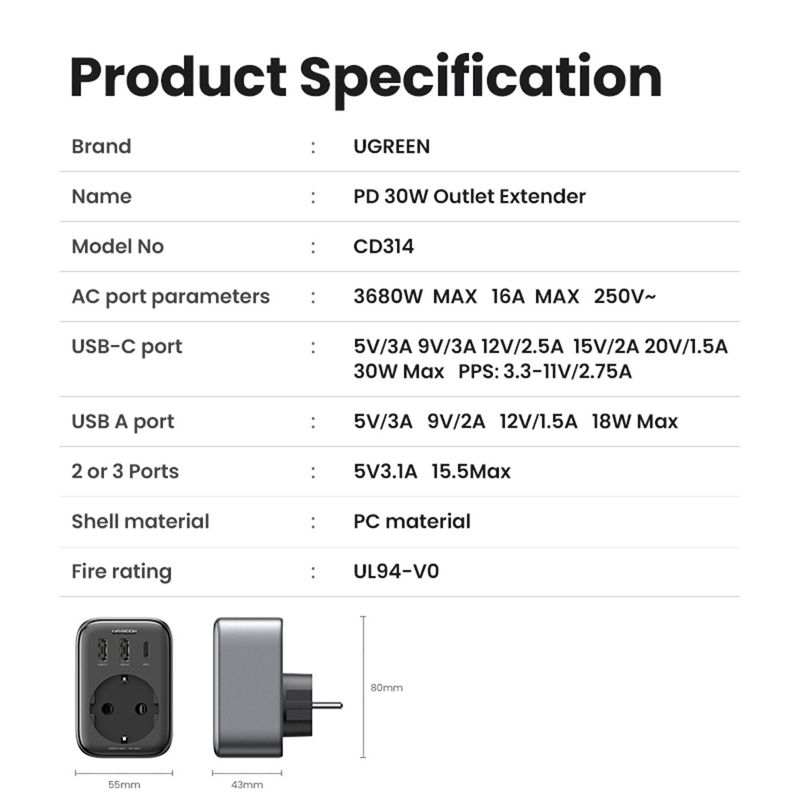 Laptop, Telefoane si Tablete - Telefoane mobile si accesorii - Accesorii Telefoane - Incarcatoare telefoane - Incarcator pentru Priza 2x USB, USB-C, AC, 2990W, 13A, PD30W, 3A, QC4+ - UVerde CD268 (CD314) - Negru - Infinity.ro