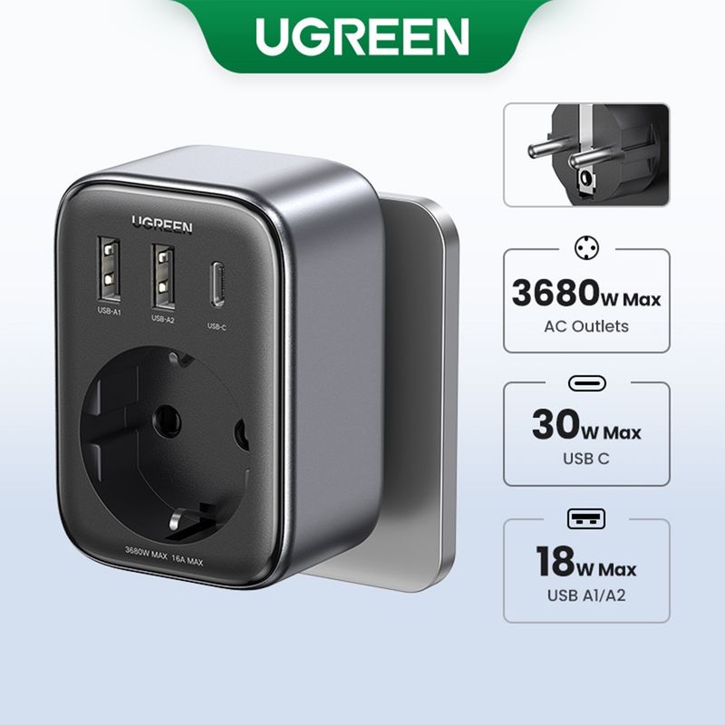 Laptop, Telefoane si Tablete - Telefoane mobile si accesorii - Accesorii Telefoane - Incarcatoare telefoane - Incarcator pentru Priza 2x USB, USB-C, AC, 2990W, 13A, PD30W, 3A, QC4+ - UVerde CD268 (CD314) - Negru - Infinity.ro