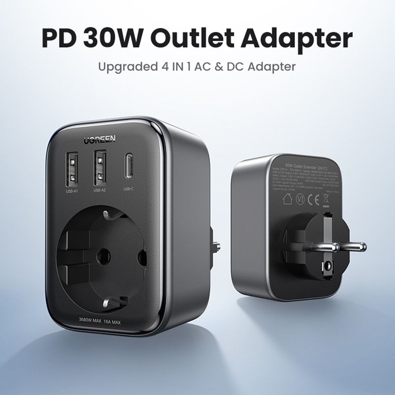 Laptop, Telefoane si Tablete - Telefoane mobile si accesorii - Accesorii Telefoane - Incarcatoare telefoane - Incarcator pentru Priza 2x USB, USB-C, AC, 2990W, 13A, PD30W, 3A, QC4+ - UVerde CD268 (CD314) - Negru - Infinity.ro
