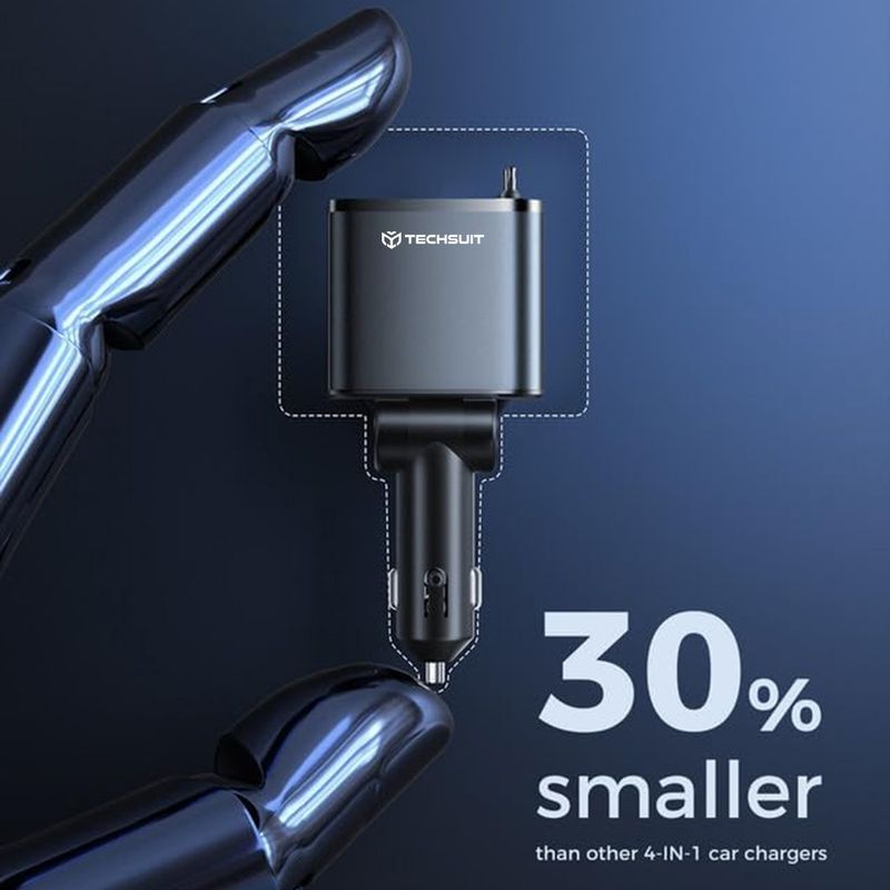 Laptop, Telefoane si Tablete - Telefoane mobile si accesorii - Accesorii Telefoane - Incarcatoare telefoane - Incarcator pentru Masina USB, Type-C, Cabluri Retractabile USB-C, Lightning, 69W - Techsuit NanoVoltX (C1) - Gri - Infinity.ro