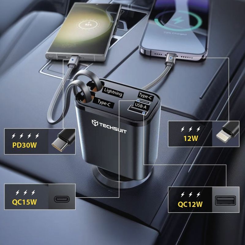 Laptop, Telefoane si Tablete - Telefoane mobile si accesorii - Accesorii Telefoane - Incarcatoare telefoane - Incarcator pentru Masina USB, Type-C, Cabluri Retractabile USB-C, Lightning, 69W - Techsuit NanoVoltX (C1) - Gri - Infinity.ro