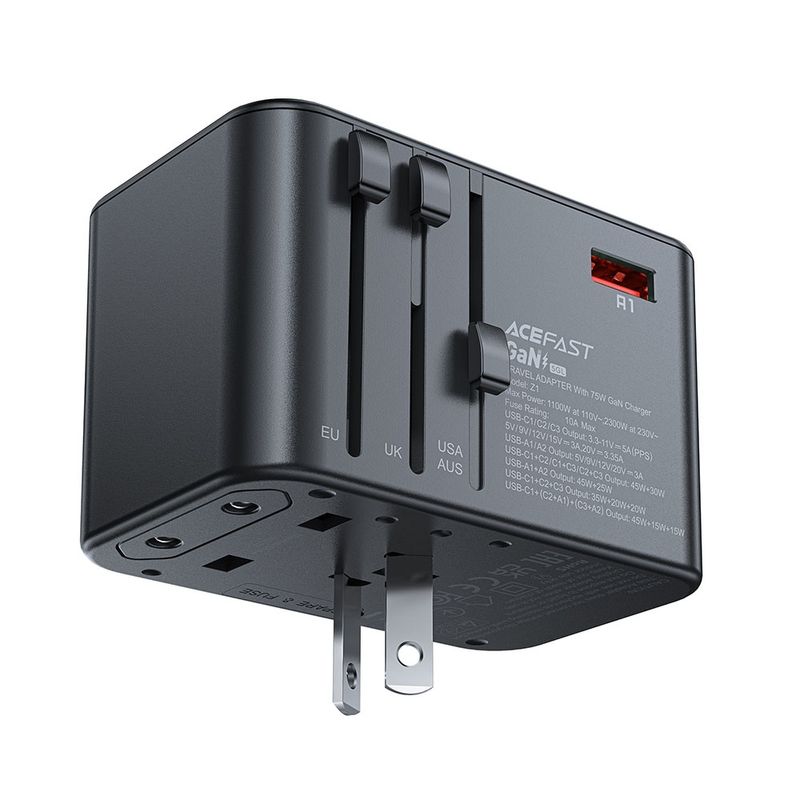 Laptop, Telefoane si Tablete - Telefoane mobile si accesorii - Accesorii Telefoane - Incarcatoare telefoane - Adaptor pentru Priza 3x Type-C, EU, UK, AUS, US, GaN, PD75W - Acefast (Z1) - Negru - Infinity.ro