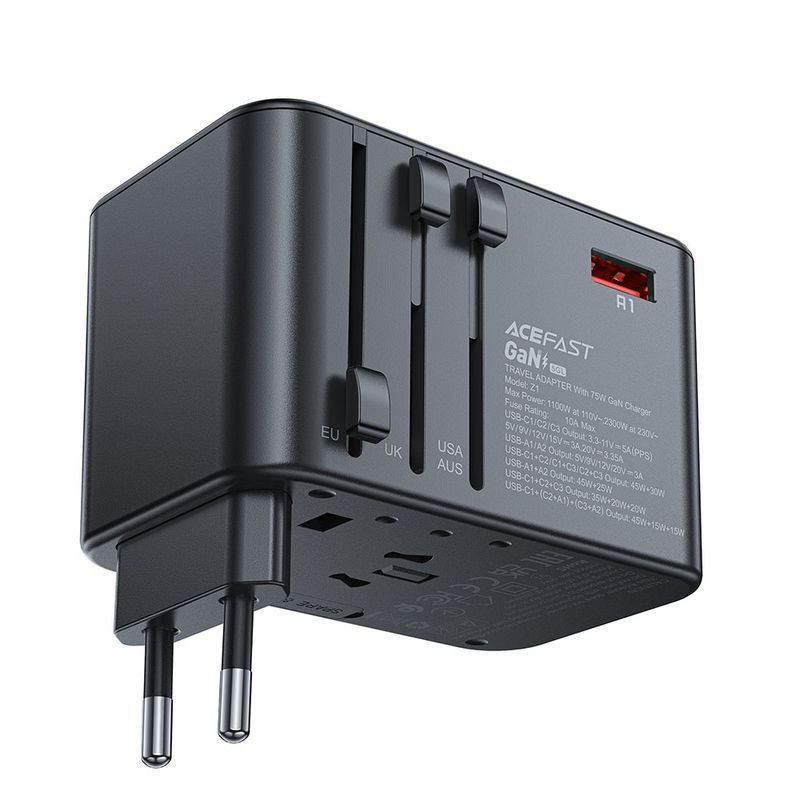 Laptop, Telefoane si Tablete - Telefoane mobile si accesorii - Accesorii Telefoane - Incarcatoare telefoane - Adaptor pentru Priza 3x Type-C, EU, UK, AUS, US, GaN, PD75W - Acefast (Z1) - Negru - Infinity.ro