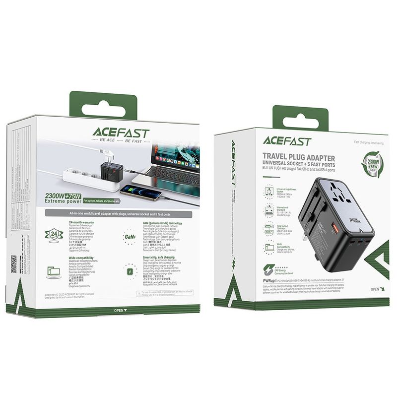 Laptop, Telefoane si Tablete - Telefoane mobile si accesorii - Accesorii Telefoane - Incarcatoare telefoane - Adaptor pentru Priza 3x Type-C, EU, UK, AUS, US, GaN, PD75W - Acefast (Z1) - Negru - Infinity.ro