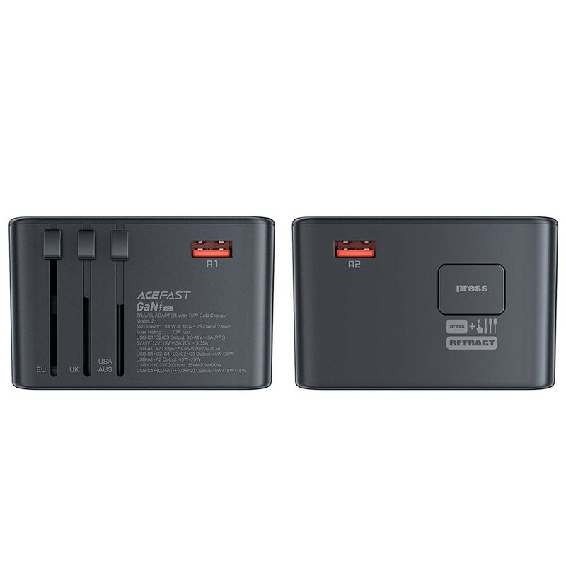 Laptop, Telefoane si Tablete - Telefoane mobile si accesorii - Accesorii Telefoane - Incarcatoare telefoane - Adaptor pentru Priza 3x Type-C, EU, UK, AUS, US, GaN, PD75W - Acefast (Z1) - Negru - Infinity.ro