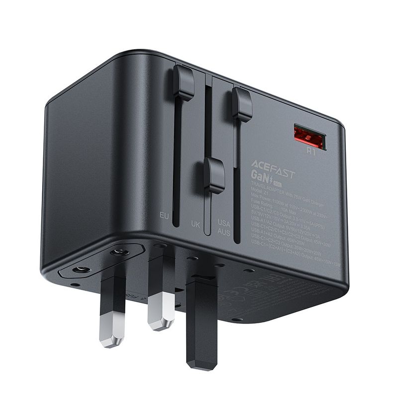 Laptop, Telefoane si Tablete - Telefoane mobile si accesorii - Accesorii Telefoane - Incarcatoare telefoane - Adaptor pentru Priza 3x Type-C, EU, UK, AUS, US, GaN, PD75W - Acefast (Z1) - Negru - Infinity.ro