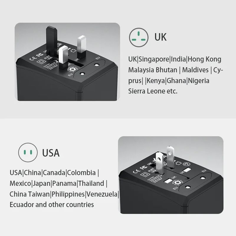 Laptop, Telefoane si Tablete - Telefoane mobile si accesorii - Accesorii Telefoane - Incarcatoare telefoane - Adaptor pentru Priza Universal, PD45W, 2 x USB, 3 x Type-C, EU, UK, AUS, US - Techsuit (HHT905) - Negru - Infinity.ro