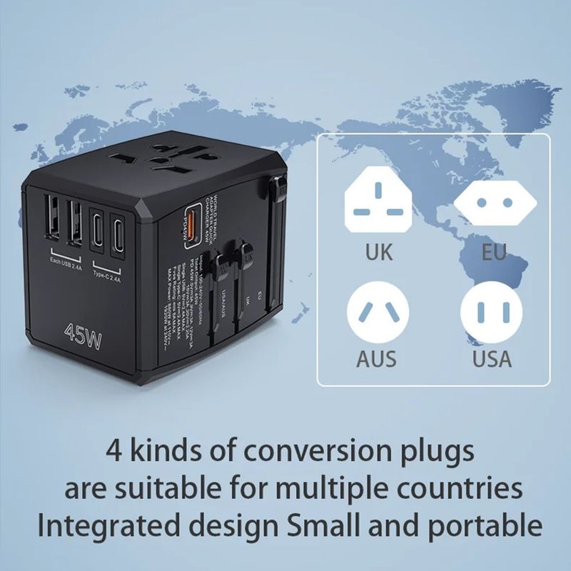 Laptop, Telefoane si Tablete - Telefoane mobile si accesorii - Accesorii Telefoane - Incarcatoare telefoane - Adaptor pentru Priza Universal, PD45W, 2 x USB, 3 x Type-C, EU, UK, AUS, US - Techsuit (HHT905) - Negru - Infinity.ro
