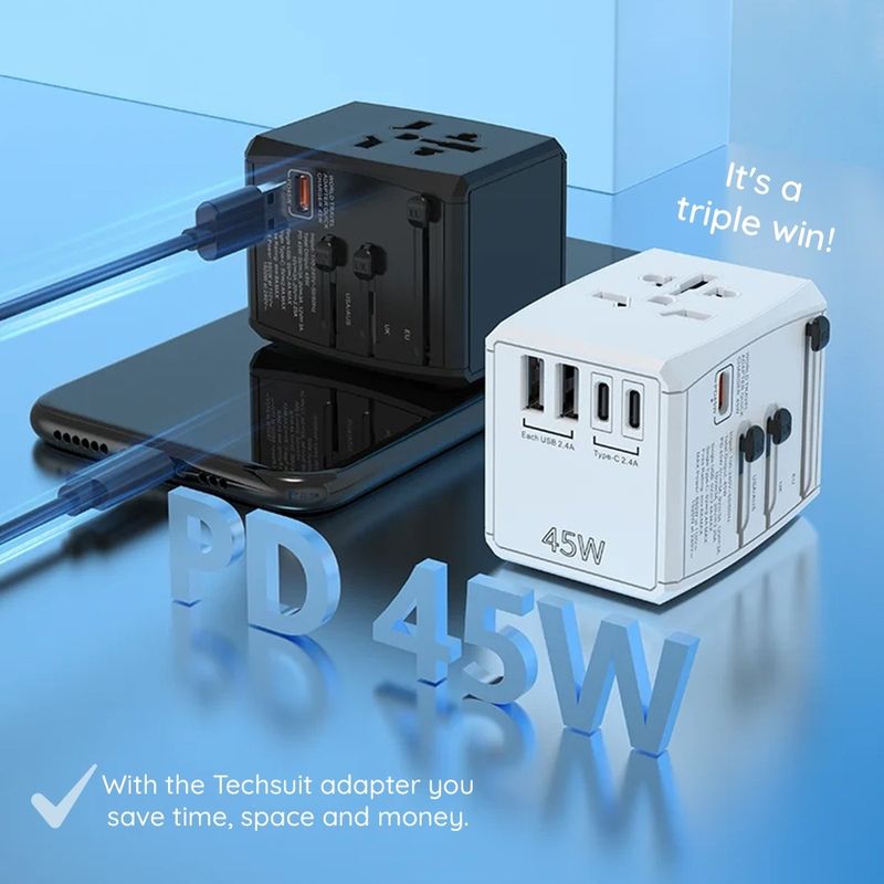 Laptop, Telefoane si Tablete - Telefoane mobile si accesorii - Accesorii Telefoane - Incarcatoare telefoane - Adaptor pentru Priza Universal, PD45W, 2 x USB, 3 x Type-C, EU, UK, AUS, US - Techsuit (HHT905) - Negru - Infinity.ro