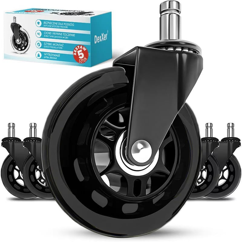 PC, gaming si accesorii - Gaming - Accesorii gaming - Scaune gaming - Set 5 roti de silicon, diametru 75mm, tija 11mm, pentru scaune de birou sau scaune de gaming, Negru - Infinity.ro