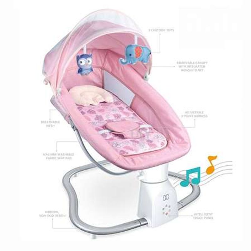 Casa si Gradina - Mobilier - Mobilier copii - Balansoare, leagane si hamace - Leagan Electric 3 in 1, Bebelusi 0–6 ani, Bluetooth, USB, 12 Melodii, Telecomanda, Saltea, Jucarii, Plasa, Roz - Infinity.ro