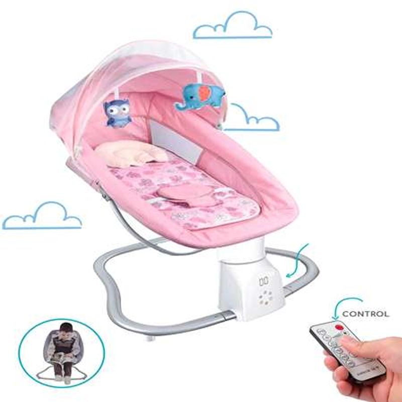 Casa si Gradina - Mobilier - Mobilier copii - Balansoare, leagane si hamace - Leagan Electric 3 in 1, Bebelusi 0–6 ani, Bluetooth, USB, 12 Melodii, Telecomanda, Saltea, Jucarii, Plasa, Roz - Infinity.ro