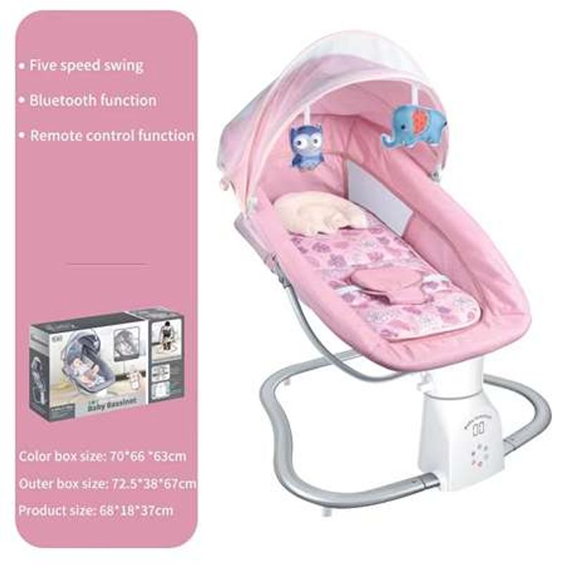 Casa si Gradina - Mobilier - Mobilier copii - Balansoare, leagane si hamace - Leagan Electric 3 in 1, Bebelusi 0–6 ani, Bluetooth, USB, 12 Melodii, Telecomanda, Saltea, Jucarii, Plasa, Roz - Infinity.ro
