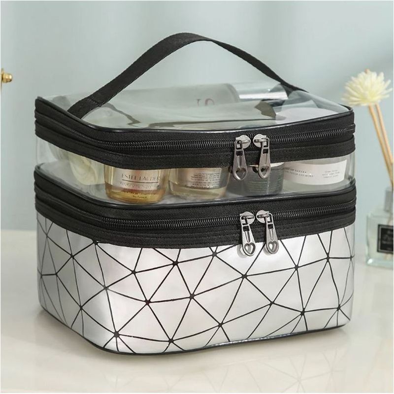 Ingrijire personala si Cosmetice - Machiaj - Portfarduri si genti cosmetice - Geanta pentru cosmetice, pliabila, 2 compartimente, model geometric, argintiu, 9x23x15,5 cm, eCarla, KS35WZ4 - Infinity.ro