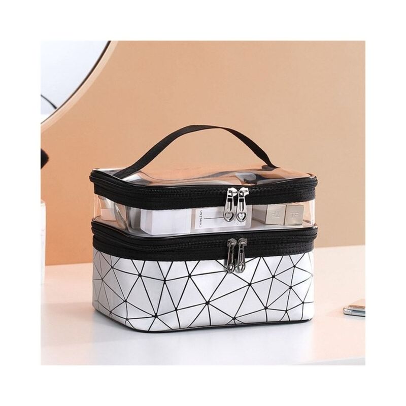 Ingrijire personala si Cosmetice - Machiaj - Portfarduri si genti cosmetice - Geanta pentru cosmetice, pliabila, 2 compartimente, model geometric, argintiu, 9x23x15,5 cm, eCarla, KS35WZ4 - Infinity.ro