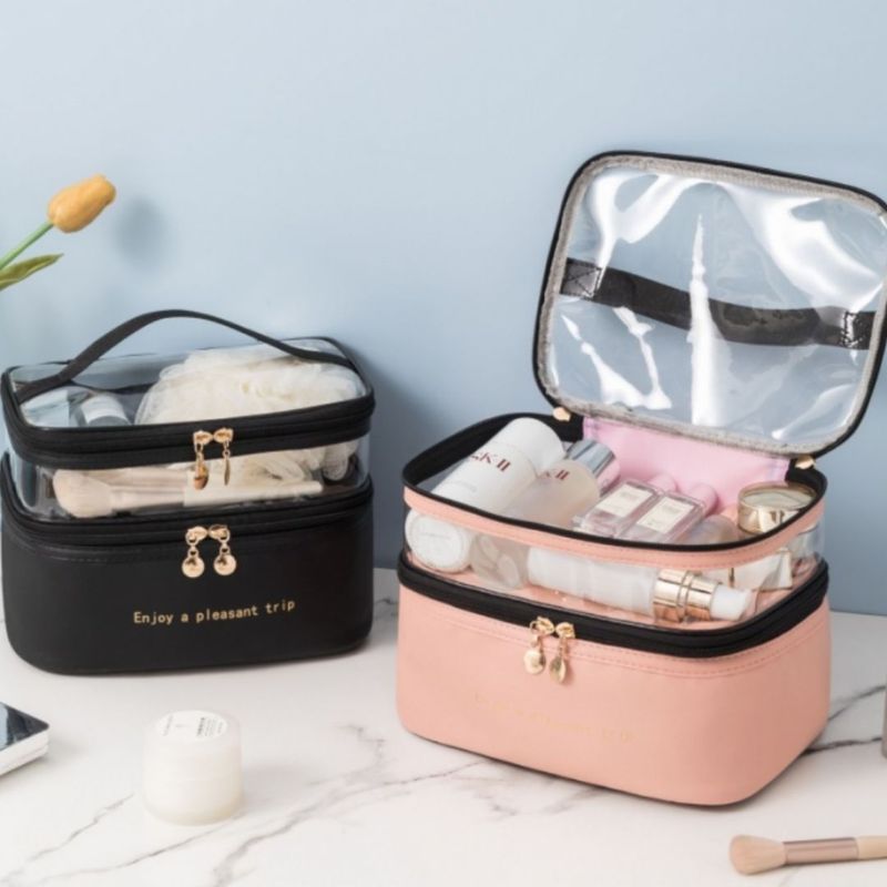 Ingrijire personala si Cosmetice - Machiaj - Portfarduri si genti cosmetice - Geanta pentru cosmetice, pliabila, cu doua compartimente, roz, 17x23x15 cm, eCarla, KS92WZ4 - Infinity.ro