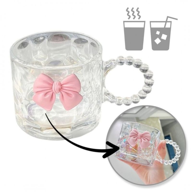 Casa si Gradina - Bucatarie si vesela - Cani si pahare - Cani si cesti - Cana din sticla, cu fundita roz, 260 ml, eCarla, SZK80 - Infinity.ro