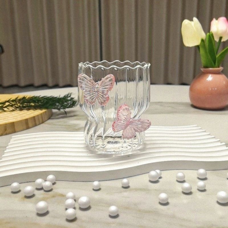Casa si Gradina - Bucatarie si vesela - Cani si pahare - Pahare - Pahar din sticla borosilicata, cu pereti ondulati si fluturasi roz, 260 ml, eCarla, SZK161 - Infinity.ro