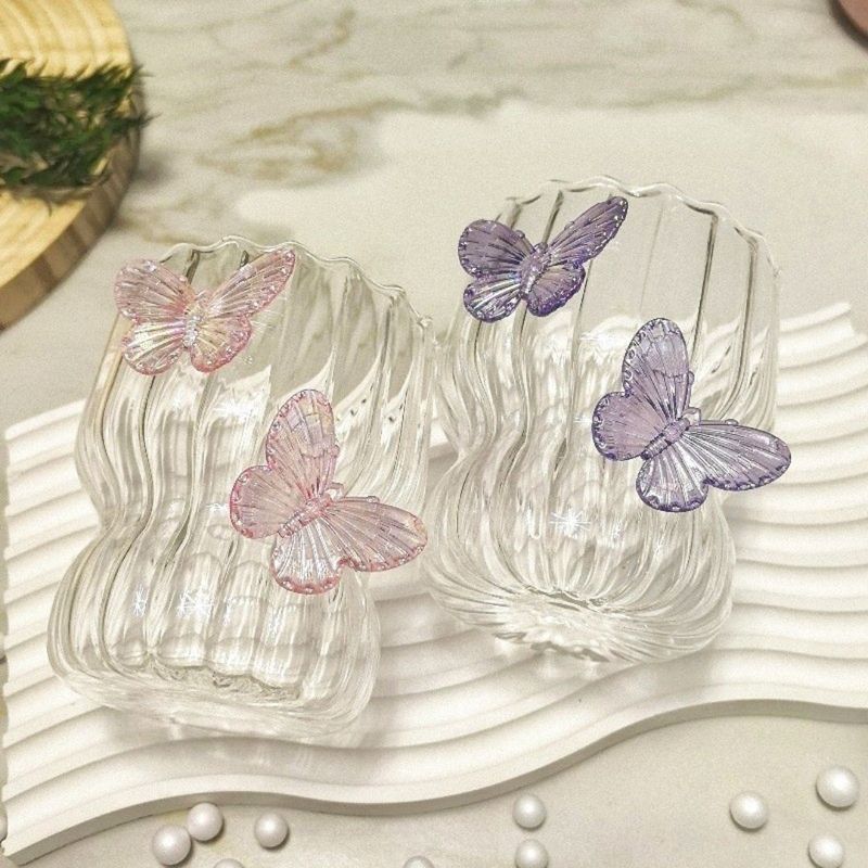 Casa si Gradina - Bucatarie si vesela - Cani si pahare - Pahare - Pahar din sticla borosilicata, cu pereti ondulati si fluturasi roz, 260 ml, eCarla, SZK161 - Infinity.ro