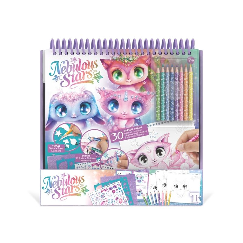 Jucarii, Copii si Bebe - Jucarii si jocuri - Jucarii & jocuri educative - Seturi pictura si desen - Caiet de schite creative, Animoulous Fever, Nebulous Stars - 30 fise, 8 creioane colorate, stickere si sabloane - Infinity.ro