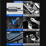 Laptop, Telefoane si Tablete - Telefoane mobile si accesorii - Accesorii Telefoane - Incarcatoare telefoane - Incarcator Auto Retractabil Super Fast Charge SINZO, 4 in 1, Doua Cabluri Type C si Apple, Doua Porturi USB si USB-C - Infinity.ro
