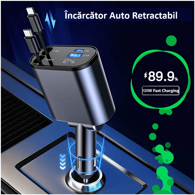 Laptop, Telefoane si Tablete - Telefoane mobile si accesorii - Accesorii Telefoane - Incarcatoare telefoane - Incarcator Auto Retractabil Super Fast Charge SINZO, 4 in 1, Doua Cabluri Type C si Apple, Doua Porturi USB si USB-C - Infinity.ro