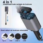 Laptop, Telefoane si Tablete - Telefoane mobile si accesorii - Accesorii Telefoane - Incarcatoare telefoane - Incarcator Auto Retractabil Super Fast Charge SINZO, 4 in 1, Doua Cabluri Type C si Apple, Doua Porturi USB si USB-C - Infinity.ro