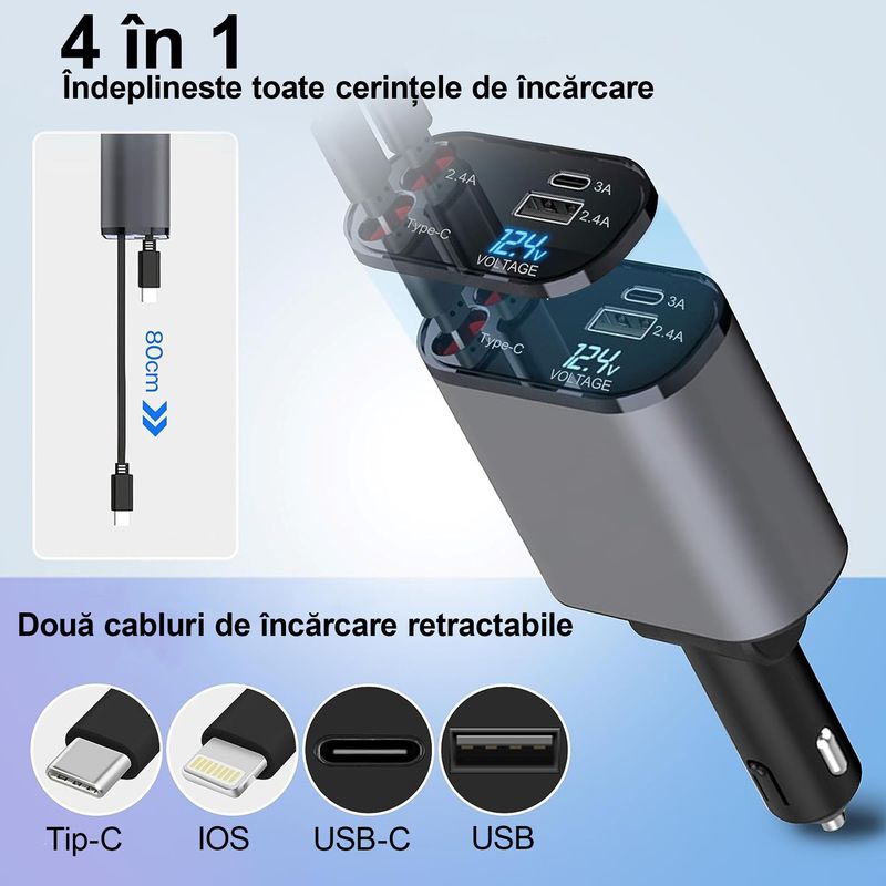 Laptop, Telefoane si Tablete - Telefoane mobile si accesorii - Accesorii Telefoane - Incarcatoare telefoane - Incarcator Auto Retractabil Super Fast Charge SINZO, 4 in 1, Doua Cabluri Type C si Apple, Doua Porturi USB si USB-C - Infinity.ro