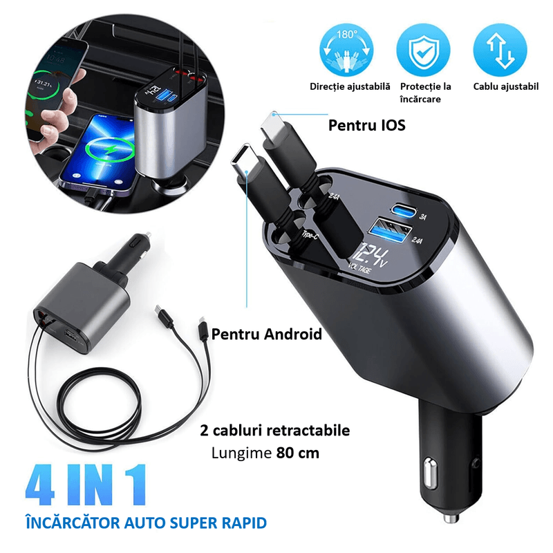 Laptop, Telefoane si Tablete - Telefoane mobile si accesorii - Accesorii Telefoane - Incarcatoare telefoane - Incarcator Auto Retractabil Super Fast Charge SINZO, 4 in 1, Doua Cabluri Type C si Apple, Doua Porturi USB si USB-C - Infinity.ro