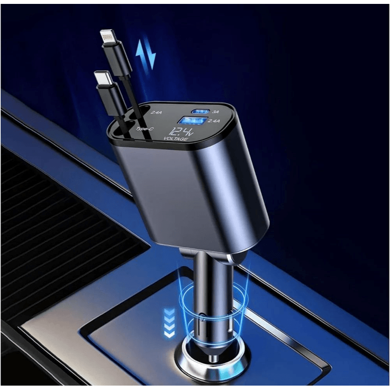 Laptop, Telefoane si Tablete - Telefoane mobile si accesorii - Accesorii Telefoane - Incarcatoare telefoane - Incarcator Auto Retractabil Super Fast Charge SINZO, 4 in 1, Doua Cabluri Type C si Apple, Doua Porturi USB si USB-C - Infinity.ro