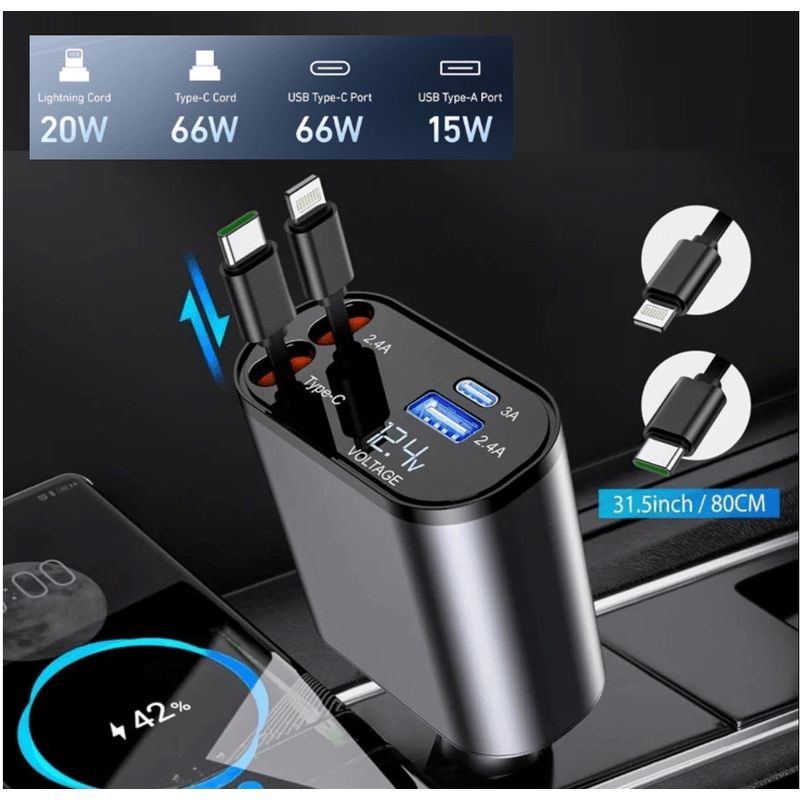 Laptop, Telefoane si Tablete - Telefoane mobile si accesorii - Accesorii Telefoane - Incarcatoare telefoane - Incarcator Auto Retractabil Super Fast Charge SINZO, 4 in 1, Doua Cabluri Type C si Apple, Doua Porturi USB si USB-C - Infinity.ro