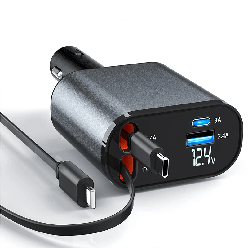 Laptop, Telefoane si Tablete - Telefoane mobile si accesorii - Accesorii Telefoane - Incarcatoare telefoane - Incarcator Auto Retractabil Super Fast Charge SINZO, 4 in 1, Doua Cabluri Type C si Apple, Doua Porturi USB si USB-C - Infinity.ro
